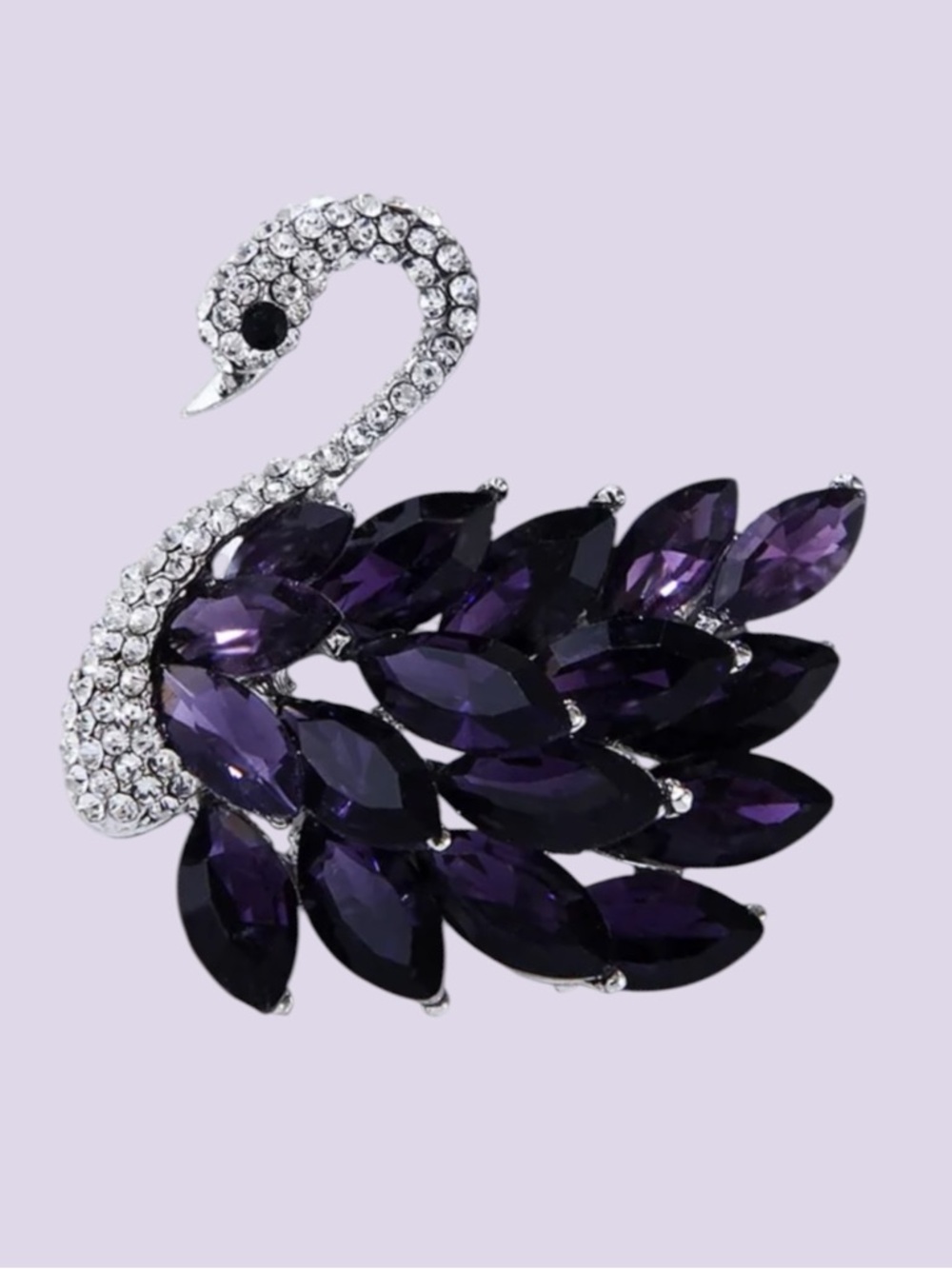 Purple Rhinestone Swan Brooch Rhinestone Bird Statement Brooch Solver Tone